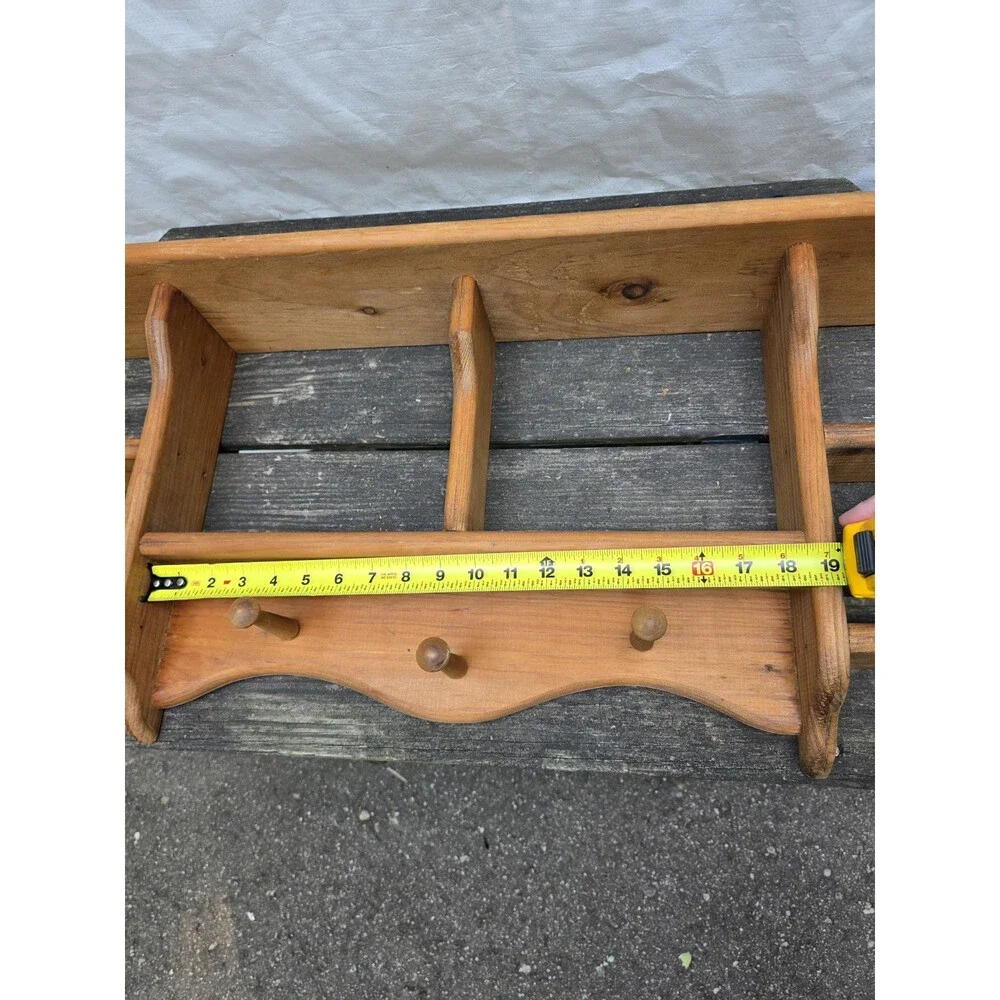 Vintage Wooden Wall Shelf Coat Rack Pegs Spice Display Country Farmhouse Rustic
